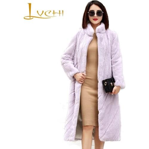LVCHI Winter 2019 Import Swan Velvet Real Mink Fur Coat Long Sleeve Womens Natural Fur Mandarin Collar Striped Long Mink Coats