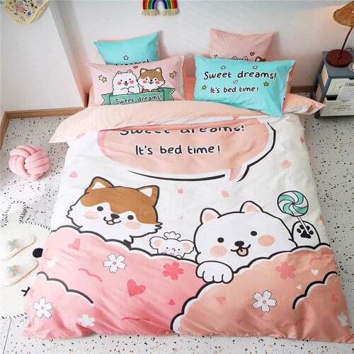 Japanese Shiba Dog Flowers Cartoon Duvet Cover Set Fitted Sheet Cotton Bedlinens Hypoallergenic Twin Queen Size Bedding Set