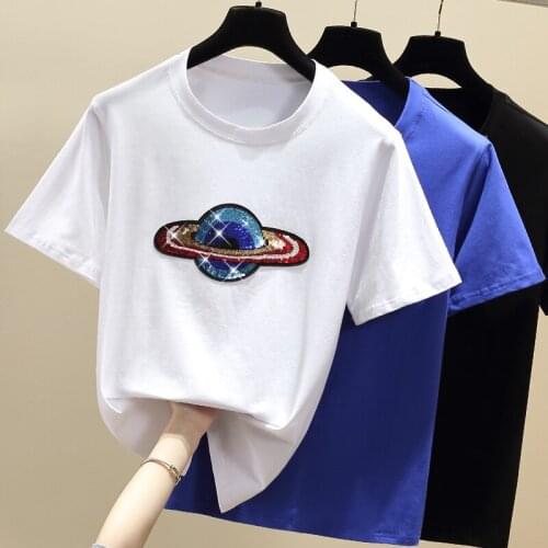 Summer T shirt Women Tops Kawaii Sequins Tshirt Women Korean Clothes Short Sleeve Casual White Cotton Tee Shirt Femme 2021