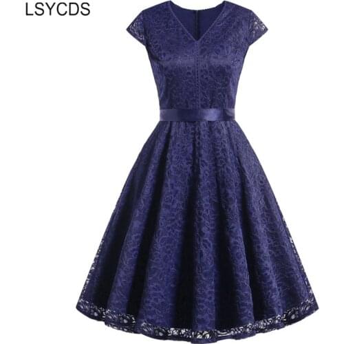 LSYCDS Blue Sexy Ladies Dresses Short Sleeve V Neck A-line Vintage 50s 60s Dress Red Party Casual Wedding Woman Lace Dresses