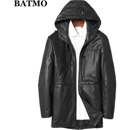 BATMO 2019 new arrival winter 100% natural real leather sheepskin 90% white duck down hooded jackets men,leather coat 19-001