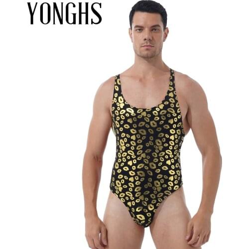 Mens Lingerie Teddies Costume Fashion Round Neck Sleeveless High Cut Leatord Jumpsuit Lip/ Skull Print Bodysuit Nightwear