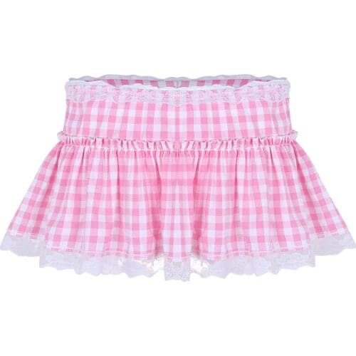 Men Women Sexy Clubwear Costume Dance Skirts Elastic Waistband Short Skirt with Lace Hem Pleated Gingham Sissy A-line Mini Skirt