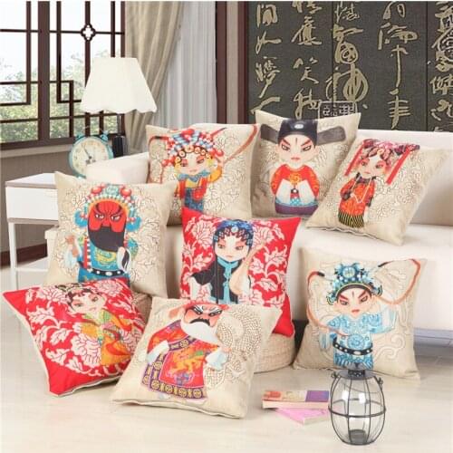 Hap-deer linen cotton cushion cover print Facebook china beijing opera for Sofa Car Seat Home Decorative 45*45cm Throw Pillows