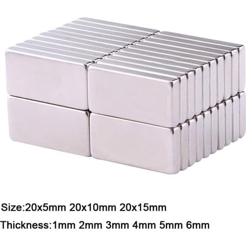 5pcs Rectangle Magnets 20x5mm 20x10mm 20x15mm Thick 1/2/3/4/5/6mm Neodymium Block Rare Earth Strong Craft Magnet N35