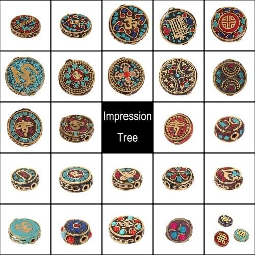 1 Piece Retro Handmade Flat Round Nepal Beads Tibetan Letter Beads Antique Golden Red Clay For DIY Tibetan Jewelry Making 27101