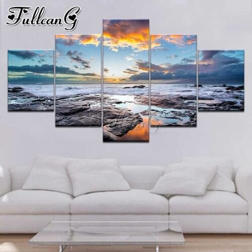FULLCANG Beach scenery 5 piece diy diamond painting full square round drill 3d mosaic embroidery sale home decoration FC3495