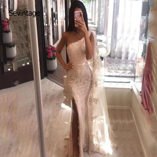 Sevintage Straight One-Shoulder Prom Dresses Lace Split Side Formal Party Gowns Satin Tulle Evening Dress vestido formatura
