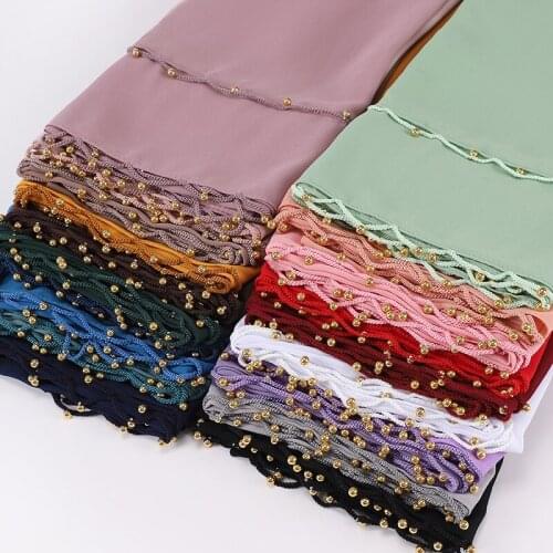 Women Shawls Solid Wraps Tassel Pearls Gold Beaded Hanger Lady Bandana Female Hijab Solider Color Long Foulard Head Scarves