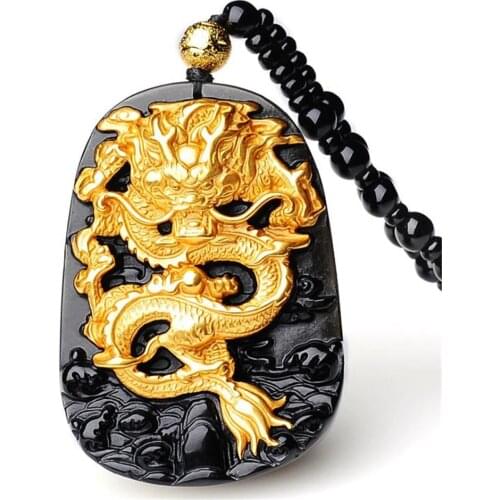 Yellow Gold Inlay Natural Obsidian Carved Chinese Dragon Pendant Necklace Gift