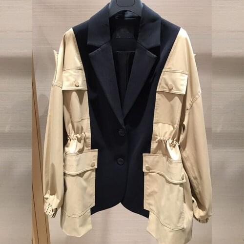 New Spring long Sleeve Notched Pocket Drawstring Wild Fashion Women Jackets Safari Style Loose Patchwork