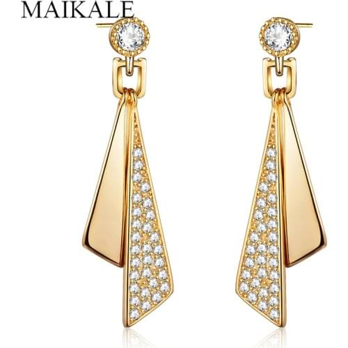 MAIKALE Unique Design Long Stud Earrings for Women Gold Silver Color Plated Cubic Zirconia Big Stud Earrings Female Jewelry Gift