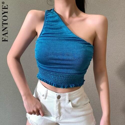 Fantoye Sexy One Shoulder Ruched Women Tank Top Orange Knitted Sleeveless Bodycon Tank Top Ladies Summer Fashion Slim Streetwear