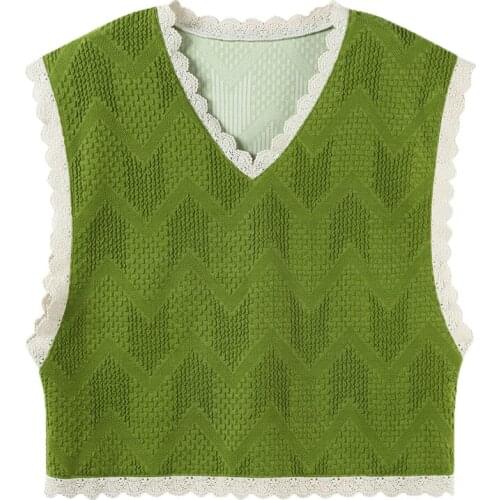 Korean Spring Summer New Loose Thin Avocado Green Lace Sleeveless V-neck Knitted Vests Women Tops Fashion Streetwear 2021