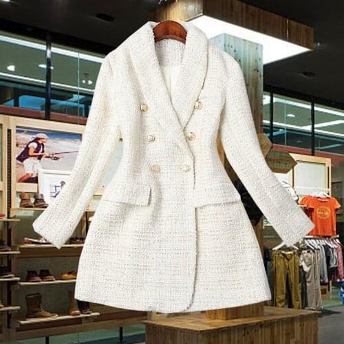 Runway 2020 Designer Blazer Womens Double Breasted Metal Button Long Sleeve Notched Collar Jacket Wool Blends Tweed Blazer Coat