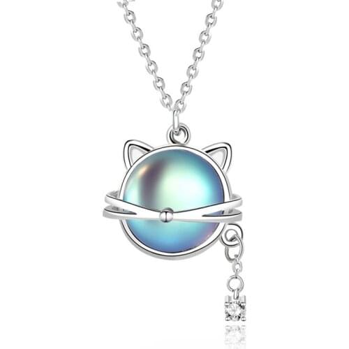 S925 Sterling Silver Cat Moonlight Stone Necklace Pendant Female Temperament Clavicle Strength Chain