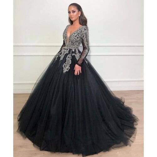 2021 Long Ball Gown Beaded Evening Dress Long Sleeves Deep V Neck Prom Formal Wedding Party Gowns Robe De Soiree