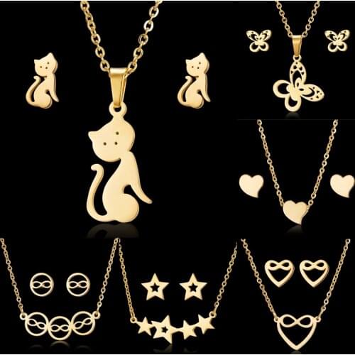 Classic Stainless Steel Pendant Necklace Earrings Sets Gold Chain Cat Butterfly Love Heart Pendants Party Birthday Jewelry Gift