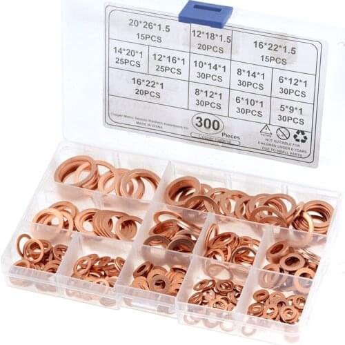 300PCS/BOX M5-M20 Copper Washer Gasket Nut and Bolt Set Flat Ring Seal Assortment Kit For Sump Plugs Water M6 M8 M10 M12 M14 M16