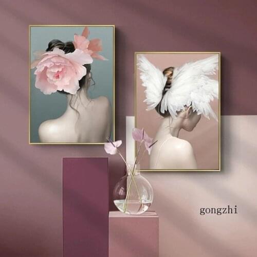 Flower Angel Wings Gentle Woman Poster Nordic Figure Canvas Painting Wall Art Print Picture Modern Girls Bedroom Home Decoration