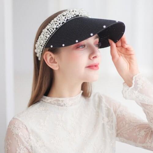 Summer Empty Top Beach Straw Hats with Pearls Handmade Visor Hat for Woman Sun 2021 Fashion Anti-UV Outdoor Casual Caps