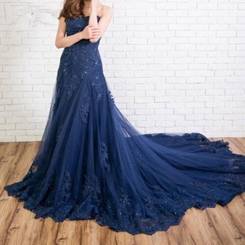 Blue Muslim Evening Dresses Mermaid Sweetheart Tulle Lace Beaded Islamic Dubai Saudi Arabic Long Evening Gown Prom Dress