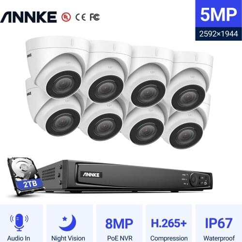 ANNKE 5MP 16CH H.265+ Super HD POE Network Video Security System 8PCS Waterproof Outdoor IP Cameras 2.8mm Dome PoE Camera Kit
