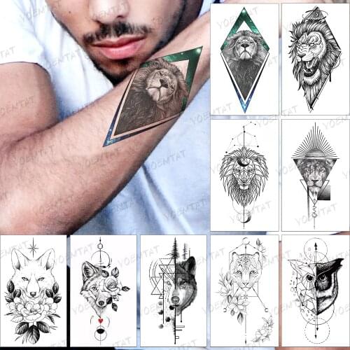 Waterproof Temporary Tattoo Sticker Woman Lion Geometric Linear Green Blue Tatto Realistic Art Tatoo Man Child Flash Tattoos