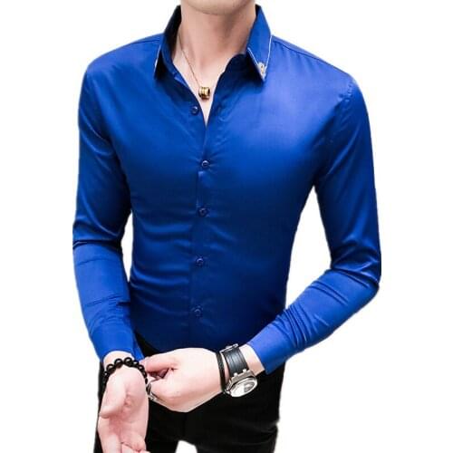 Neckline Embroidery Men Shirt Long Sleeve Slim Fit Dress Solid Color Casual Streetwear Formal Social Business Blouses