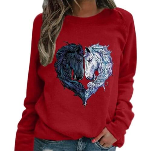 40# Women Clothing T-shirts Casual Horse Head Heart-shaped Printing Raglan Long Sleeve T-shirts Футболка Женская Топ Женский