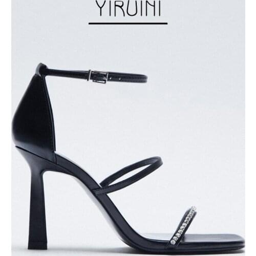 2021 ZA Syle Women Sandals Crystal Diamond Decoration One Stap In Font Square Toe Back Cover Heels 9CM Thin Heels Shoes Women