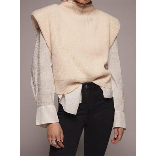 TRAF Ladies 2020 Fashion Loose Stand Collar Sleeveless Knit Top with Shoulder Pads Womens Vest Streetwear