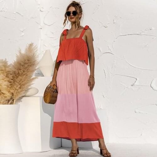 Elegant Lace Up Strap Ruffles Patchwork Color Long Dress Women Summer 2021 New Casual Loose High Waist Maxi Vestidos Female Robe