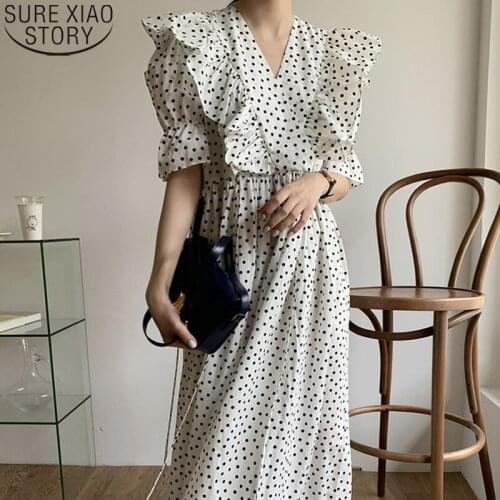 Women Summer Dresses Flare Short Sleeve Dress Polka Dot Chiffon Dress Ruffles Fashion V Neck Vintage Midi Long Dresses 13800