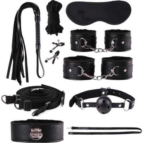 9PCS/LOT Restraints Leather Handcuffs Ankle Mask and PU Whip Black bdsm Bondage Set Adult Games Sex Toys for Couples Woman Slave