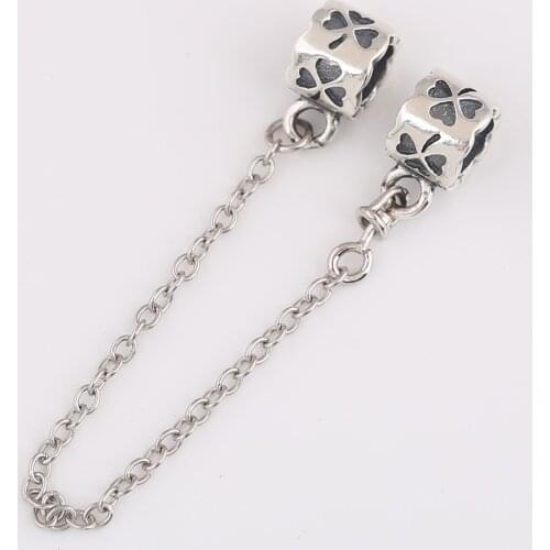 Authentic S925 Silver Bead Vintage Petal Safety Chain Charm for Women Bracelet Bangle DIY Jewelry