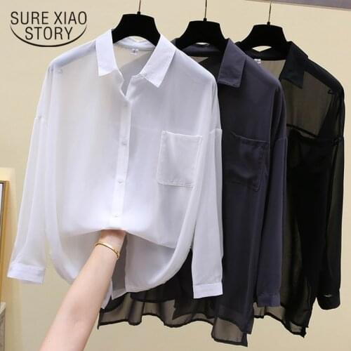 Blusas 2021 Fashion Solid Chiffon White Blouse Women Long Sleeve Turn-down Collar Shirt Women Office Casual Blouses Tops 11604