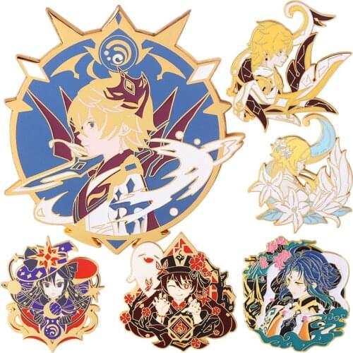 Game Genshin Impact Traveler Lumine Tartaglia Mona Hutao Xiao Cosplay Cartoon Costume Metal Badge Pin Alloy Brooch Props Gift