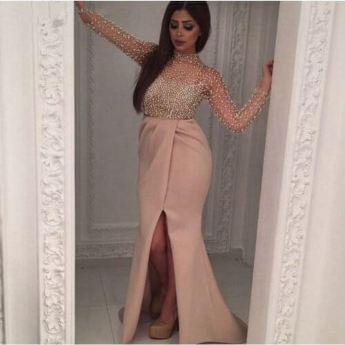 Elegant Muslim Evening Dresses Mermaid Long Sleeves Pearls Slit Dubai Saudi Arabic Long Evening Gown Prom