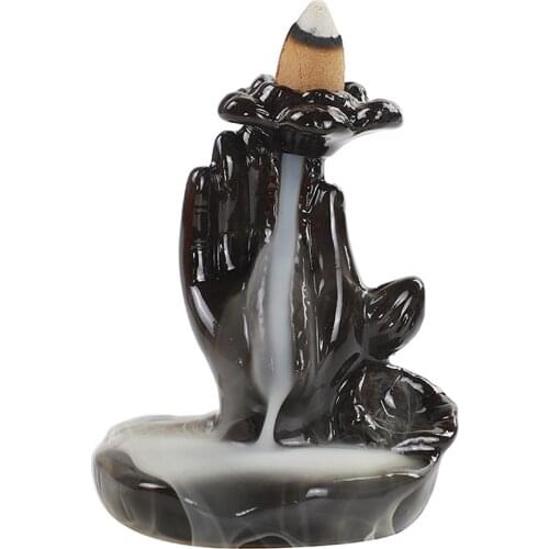 Ceramic Backflow Incense Holder Buddha Hand Lotus Waterfall Aroma Censer with Cones Beautiful Interesting