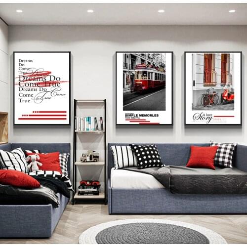 City Landscape Red Bicycle Bus Blue Train Window Street Text Canvas Painting Wall Picture Printing Poster Living Room Decoration