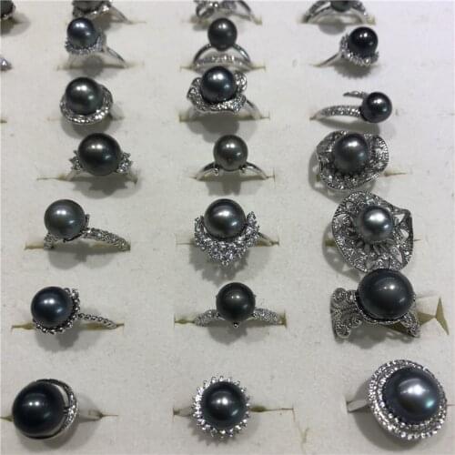 Wholesale 925 Sterling Silver 9-10mm Natural Black Tahiti Southsea Round Pearl Ring Adjustable Ring Nice Party Gift, 5pcs/lot