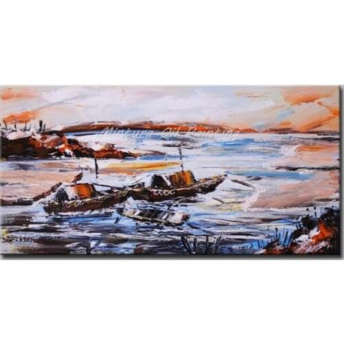 Mintura Art Hand-Painted Abstract Boat Landscape Oil Painting on Canvas Wall Art Pictures For Living Room Home Decor No Framed