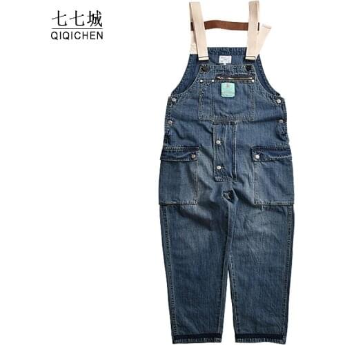 HIp Hop Denim Overalls Men Streetwear Cargo Rompers Pants Men Worker Multi-pocket Washed Joggers Male Quality Retro Bib Trousers