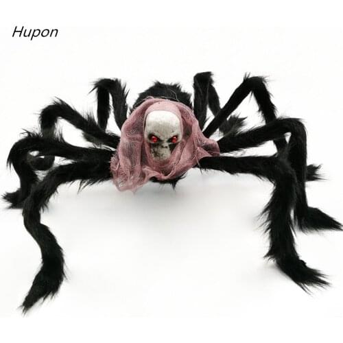New Halloween Spider Decoration Black Simulation Spiders with Skull Head Kids Toy Furry Spider Halloween Party Supplies Big Size