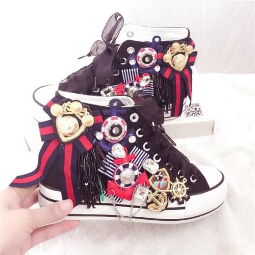 Handmade sweet and exquisite rhinestone tassel chain badge ladies all-match increase canvas shoes