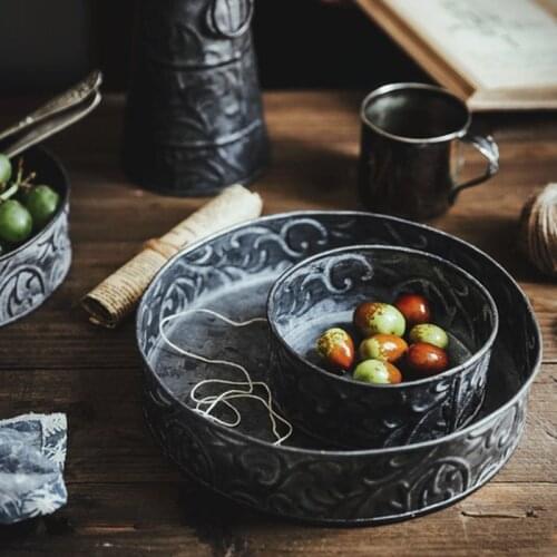 Pattern Carving Vintage Metal Tray Antique Wrought Iron Vase Decoration Retro Tray Bread Oval Plate Home Kitchen Wedding Decor