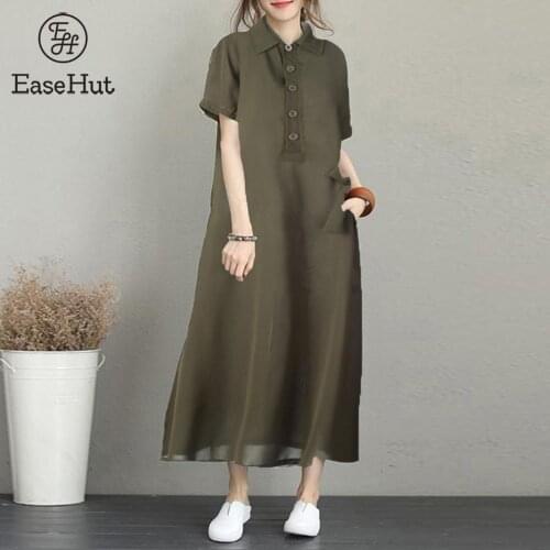 EaseHut Women Shirt Dress Belted Pockets Button Turn-down Collar Short Sleeve Casual Summer Midi Dress Shirt Lady 2021