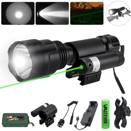 200 Yards Hunting C8 Flashlight Tactical Rifle Light+ Red/Green Laser Dot Scope Sight+Switch+Rail Barrel Mount+18650+Charger+Box