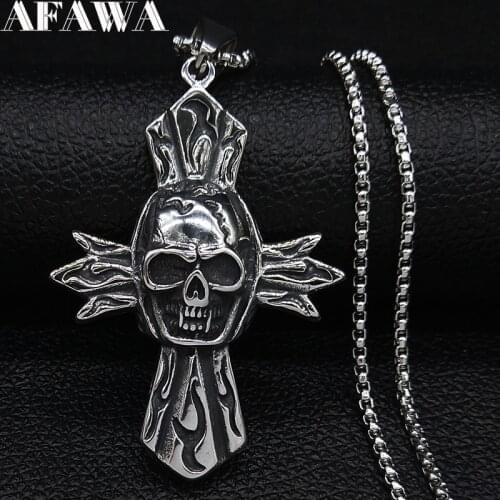 2021 Gothic Skull Cross Stainless Steel Big Necklace Men Silver Color Statement Necklace Jewelry cadenas para hombre N19137